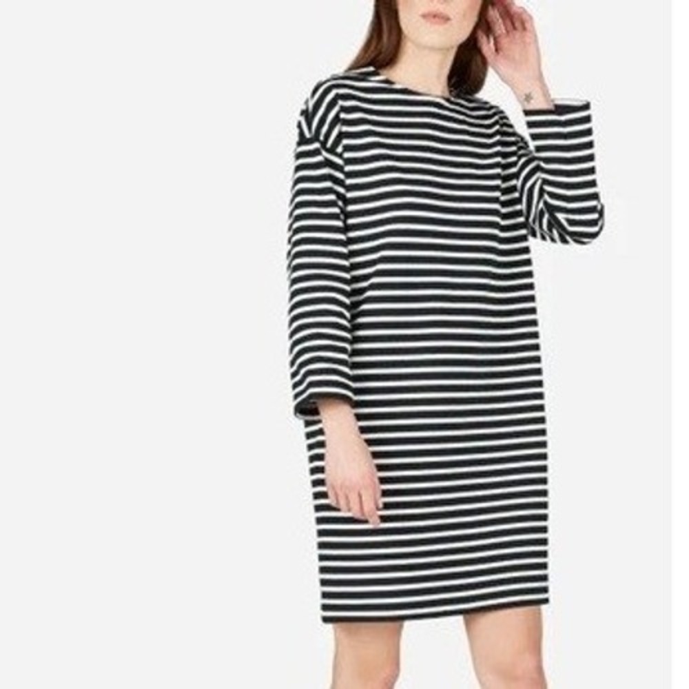 Everlane Breton T-Shirt Dress Women M Black White Striped Zipper Shoulder Cotton